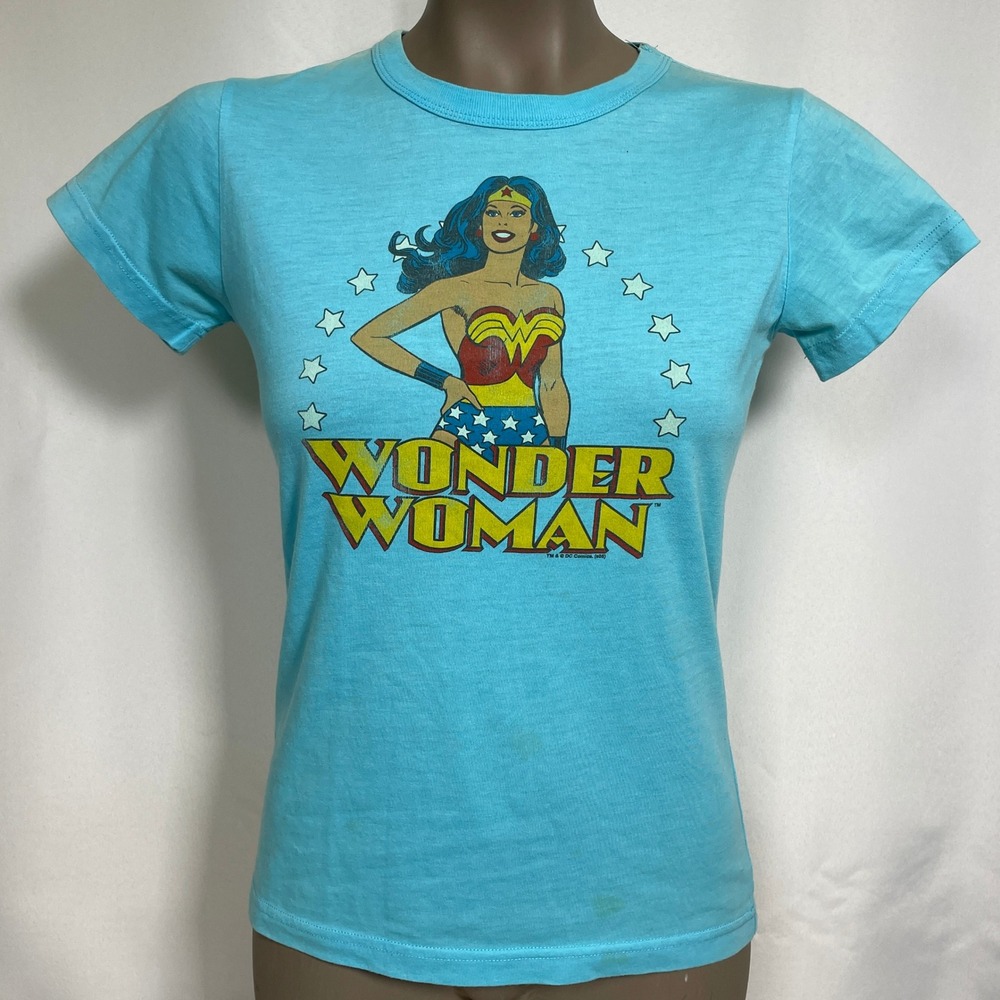 DC Comics Wonder Woman Junk Food Turquoise Blue Retro T-Shirt Women's MEDIUM